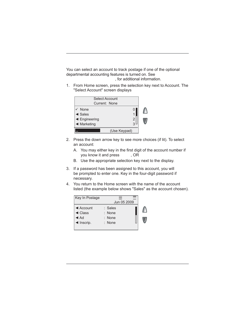 Selecting an account to track postage, 3 • running mail | Pitney Bowes DM300C User Manual | Page 39 / 196