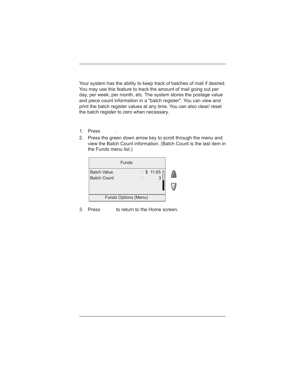 Checking and clearing the batch count, Viewing (checking) the batch count, 3 • running mail | Pitney Bowes DM300C User Manual | Page 43 / 196
