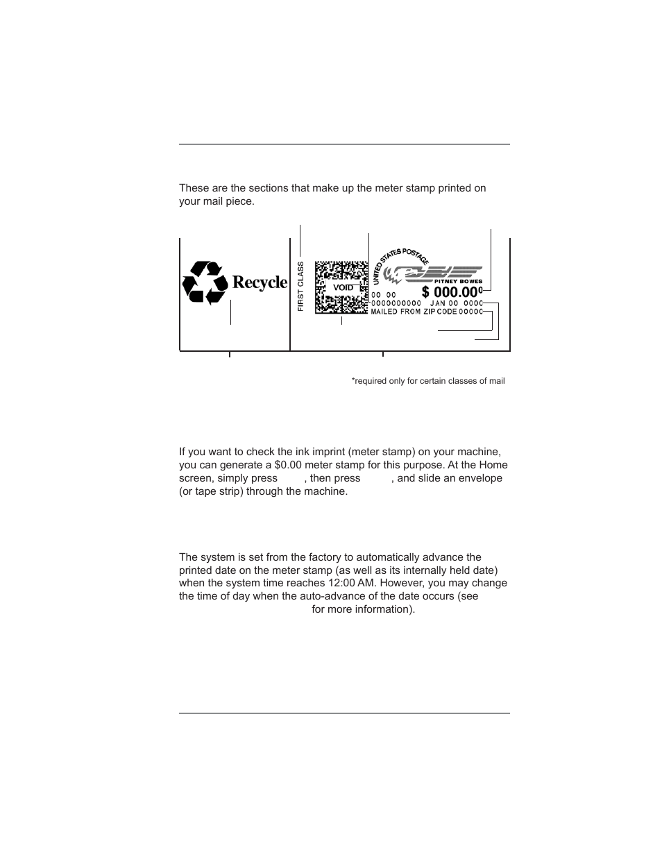 Sections of the meter stamp, Printing a $0.00 meter stamp, Auto-advance of printed date for the meter stamp | 4 • printing options | Pitney Bowes DM300C User Manual | Page 49 / 196