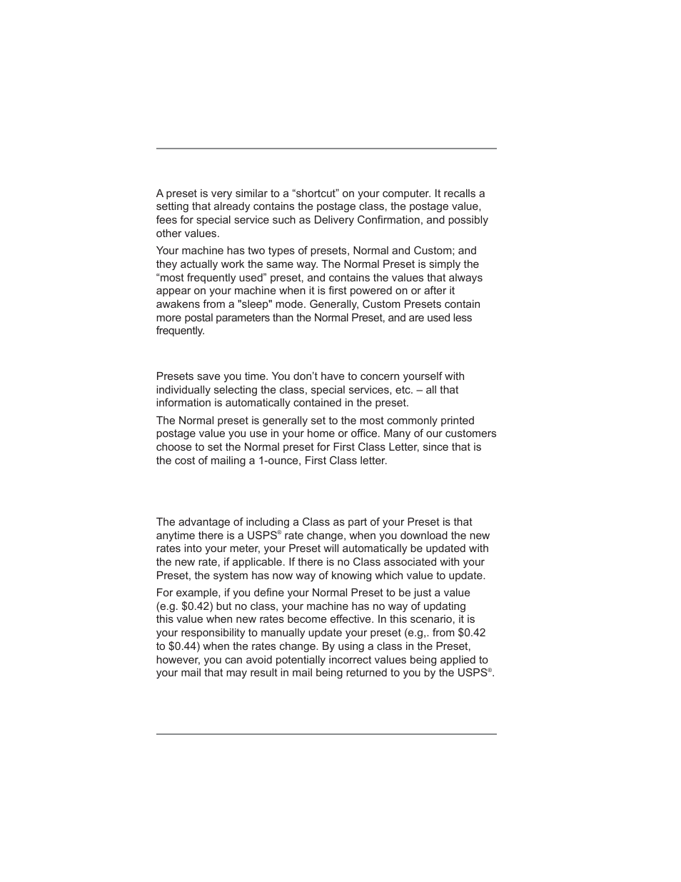 What is a preset, Why should i use presets, 5 • normal and custom presets | Pitney Bowes DM300C User Manual | Page 58 / 196