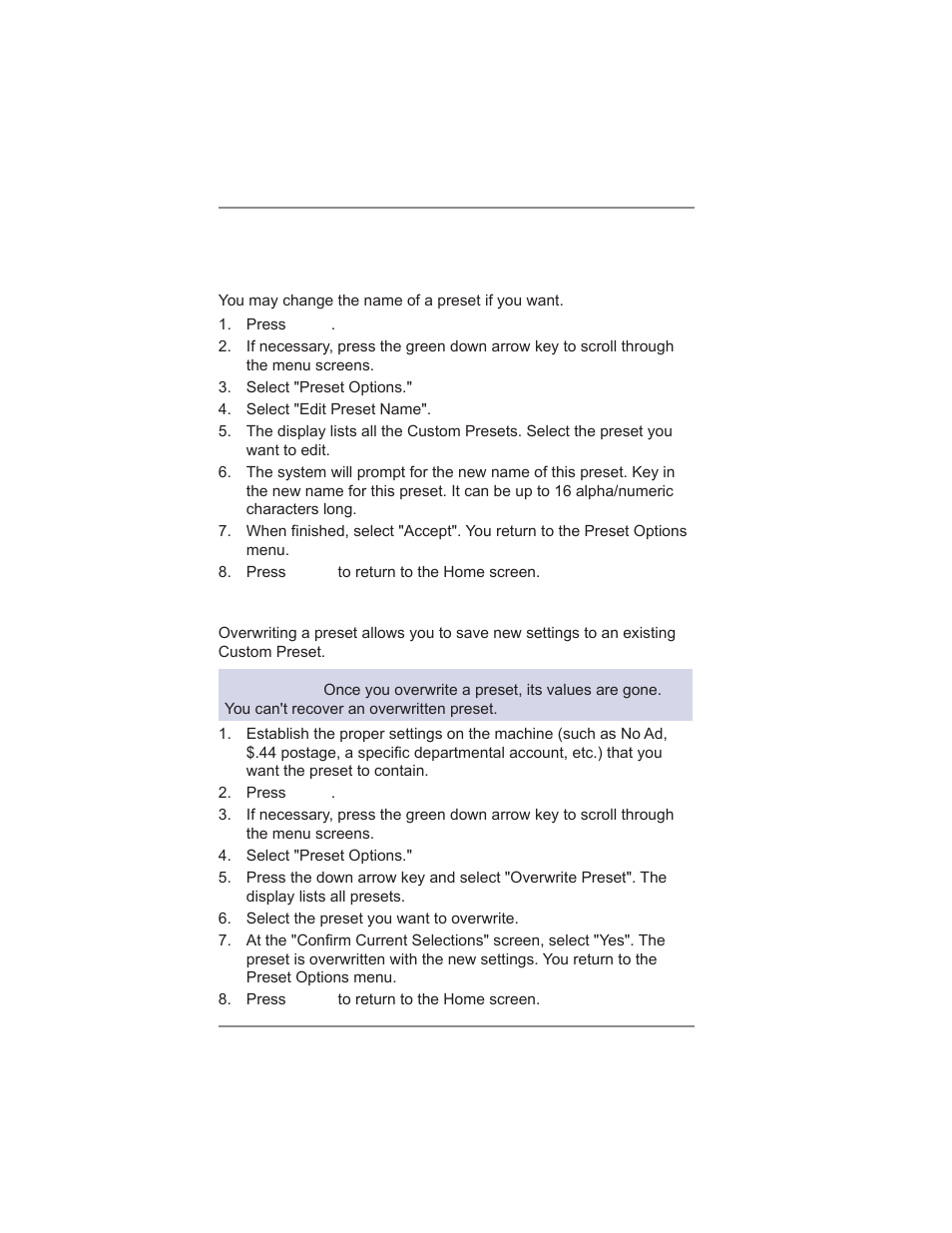 Editing a custom preset name, 5 • normal and custom presets | Pitney Bowes DM300C User Manual | Page 64 / 196