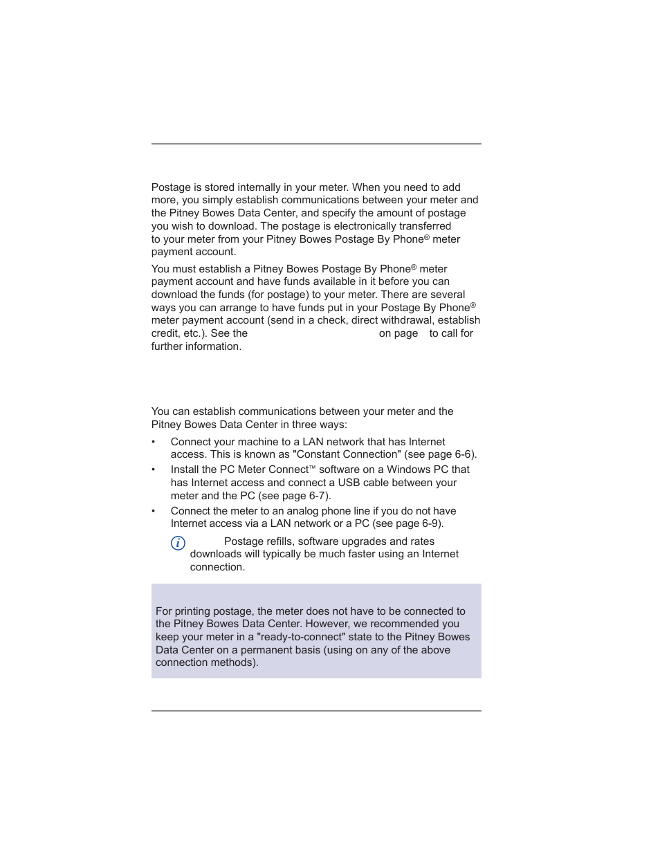 Postage and your machine, 6 • adding postage/connecting to data center | Pitney Bowes DM300C User Manual | Page 68 / 196