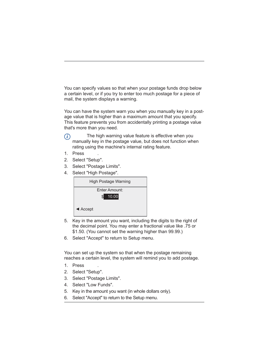 Setting postage limits (funds warnings), 7 • system options | Pitney Bowes DM300C User Manual | Page 96 / 196