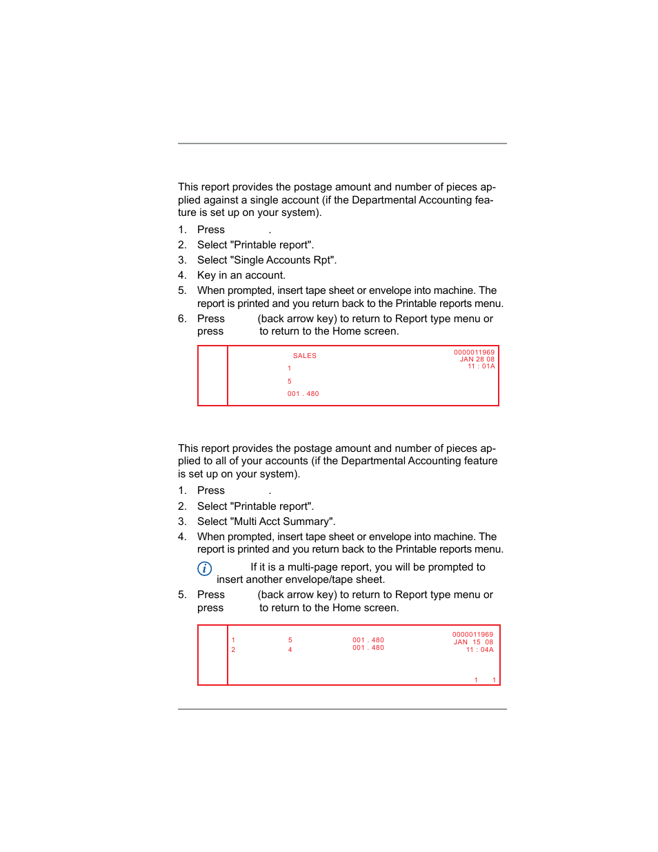 Printing a single account report, Printing a multi-account summary report, 8 • departmental accounting | Pitney Bowes SV62214 User Manual | Page 108 / 160