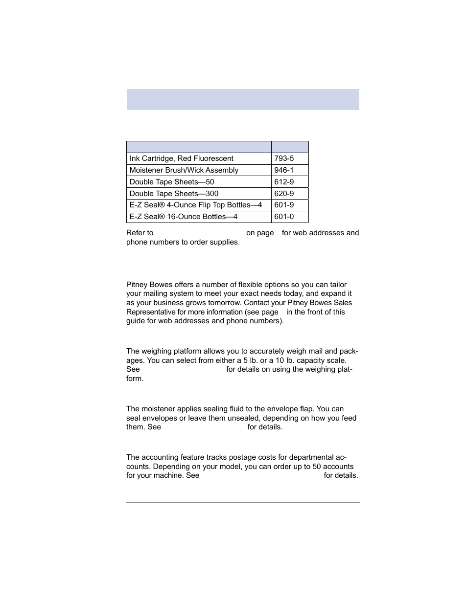 12 • supplies and options, Supplies, Options | Integrated weighing platform (scale), Moistener, Departmental accounting | Pitney Bowes SV62214 User Manual | Page 146 / 160