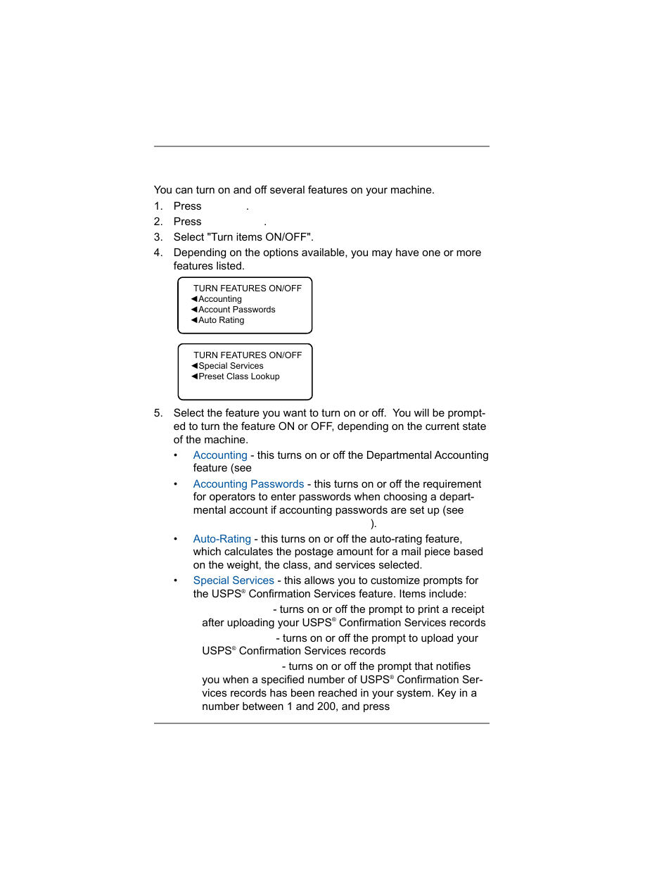 Turning features on and off, 7 • system options | Pitney Bowes SV62214 User Manual | Page 75 / 160