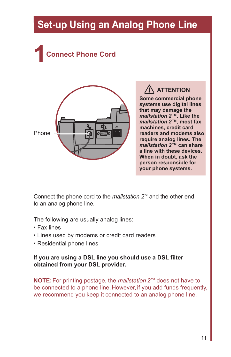Set-up using an analog phone line | Pitney Bowes MAILSTATION 2 User Manual | Page 13 / 24