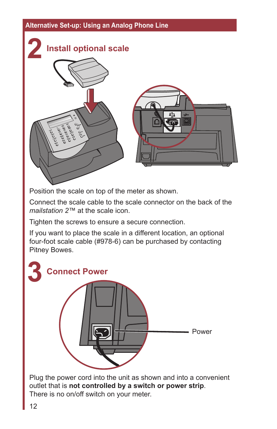 Install optional scale, Connect power | Pitney Bowes MAILSTATION 2 User Manual | Page 14 / 24