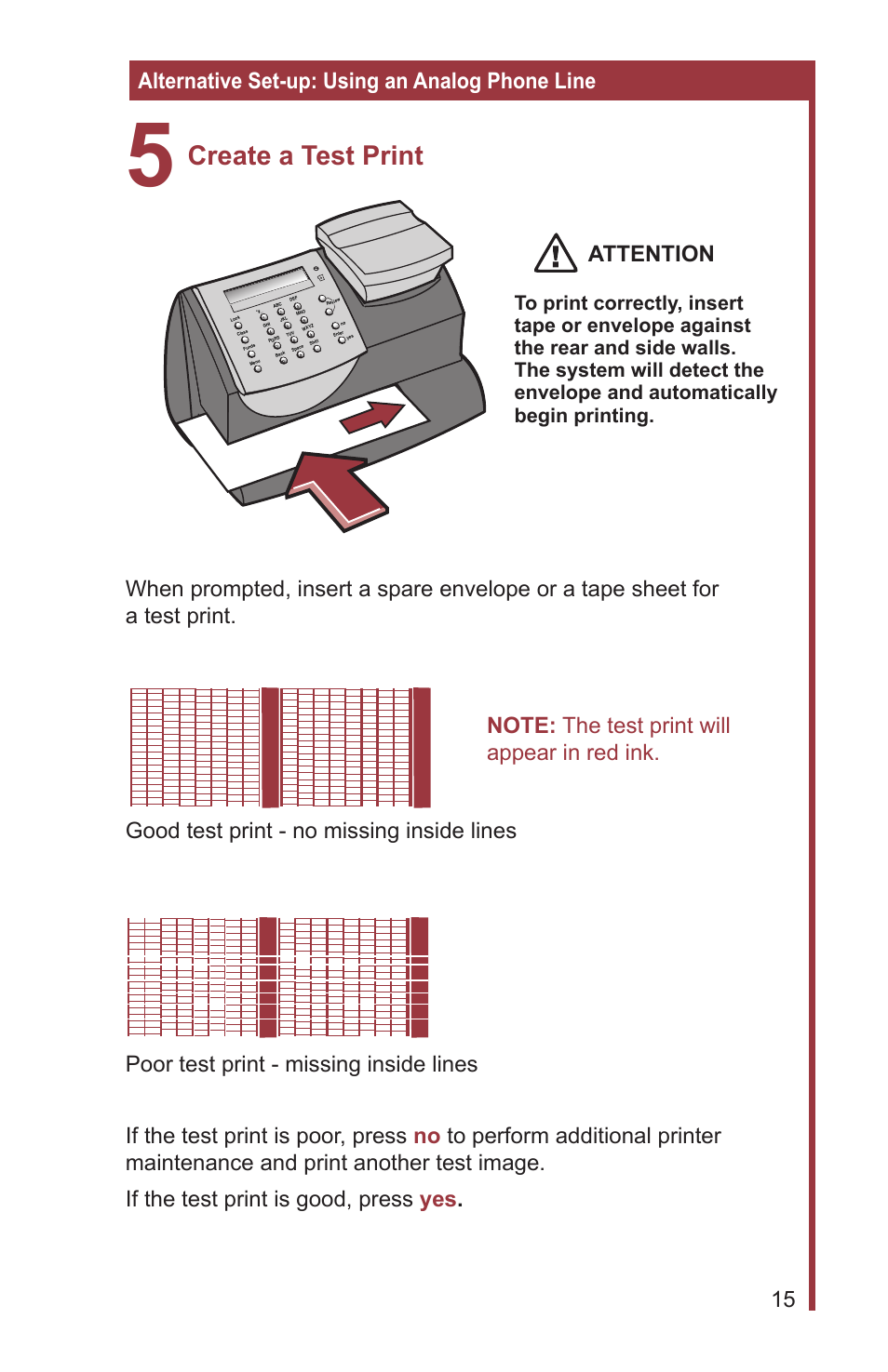 Create a test print, Attention, Alternative set-up: using an analog phone line 15 | Pitney Bowes MAILSTATION 2 User Manual | Page 17 / 24