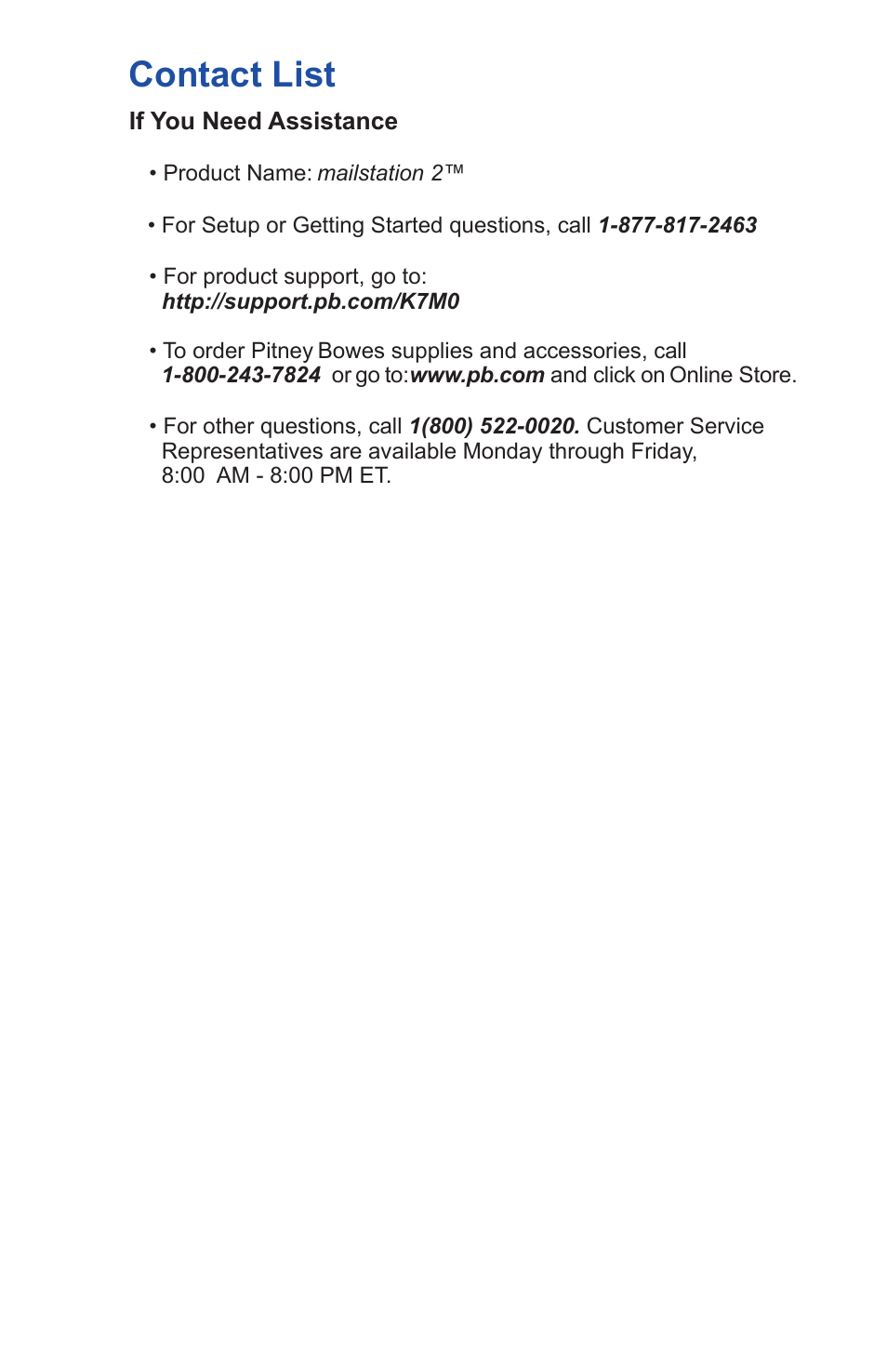 Contact list | Pitney Bowes MAILSTATION 2 User Manual | Page 21 / 24