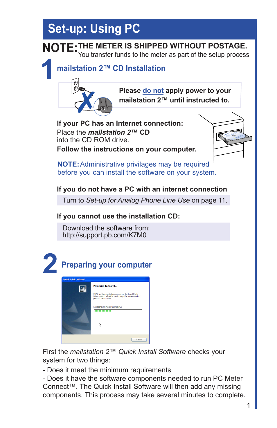 Set-up: using pc | Pitney Bowes MAILSTATION 2 User Manual | Page 3 / 24