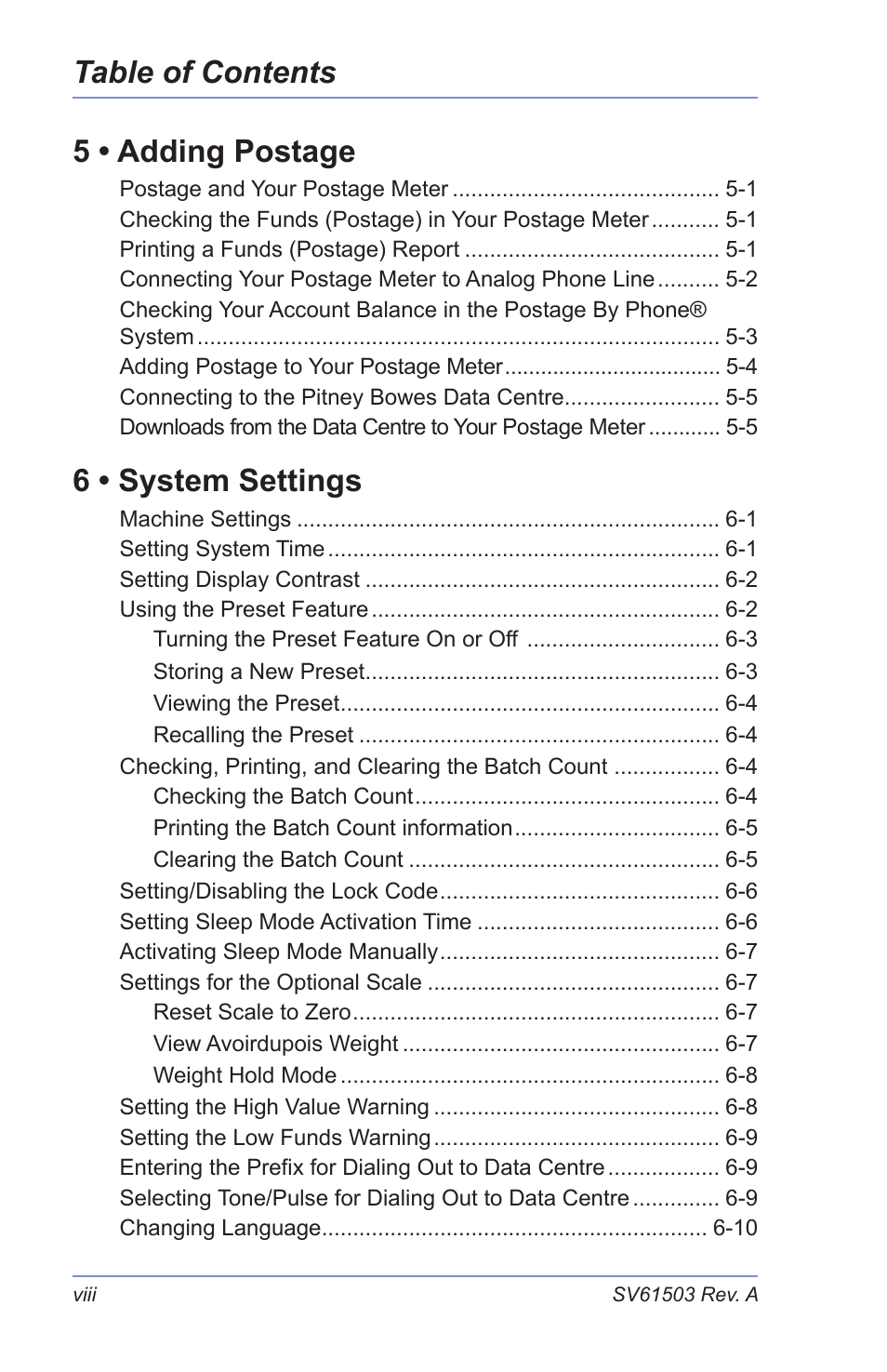 Table of contents 5 • adding postage, 6 • system settings | Pitney Bowes K700 User Manual | Page 10 / 88