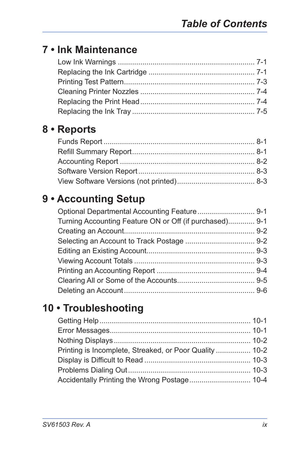 Table of contents 7 • ink maintenance, 8 • reports, 9 • accounting setup | 10 • troubleshooting | Pitney Bowes K700 User Manual | Page 11 / 88