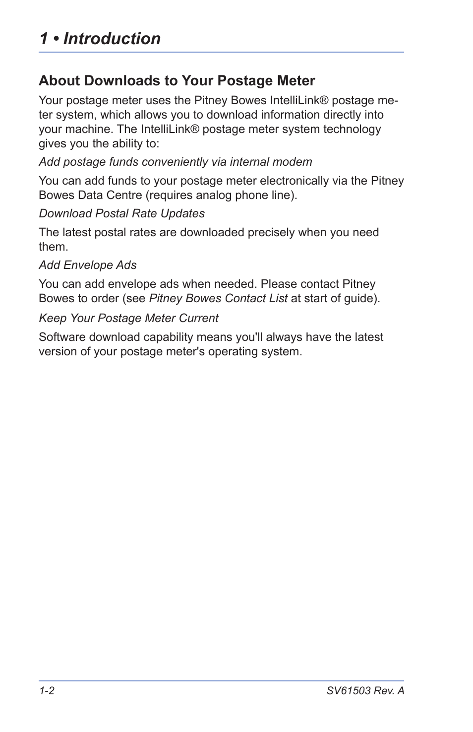 About downloads to your postage meter, Postal requirements, 1 • introduction | Pitney Bowes K700 User Manual | Page 14 / 88