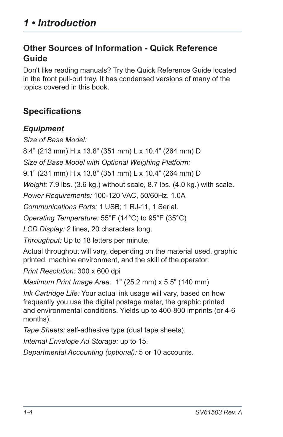 Other sources of information, Specifications, 1 • introduction | Pitney Bowes K700 User Manual | Page 16 / 88