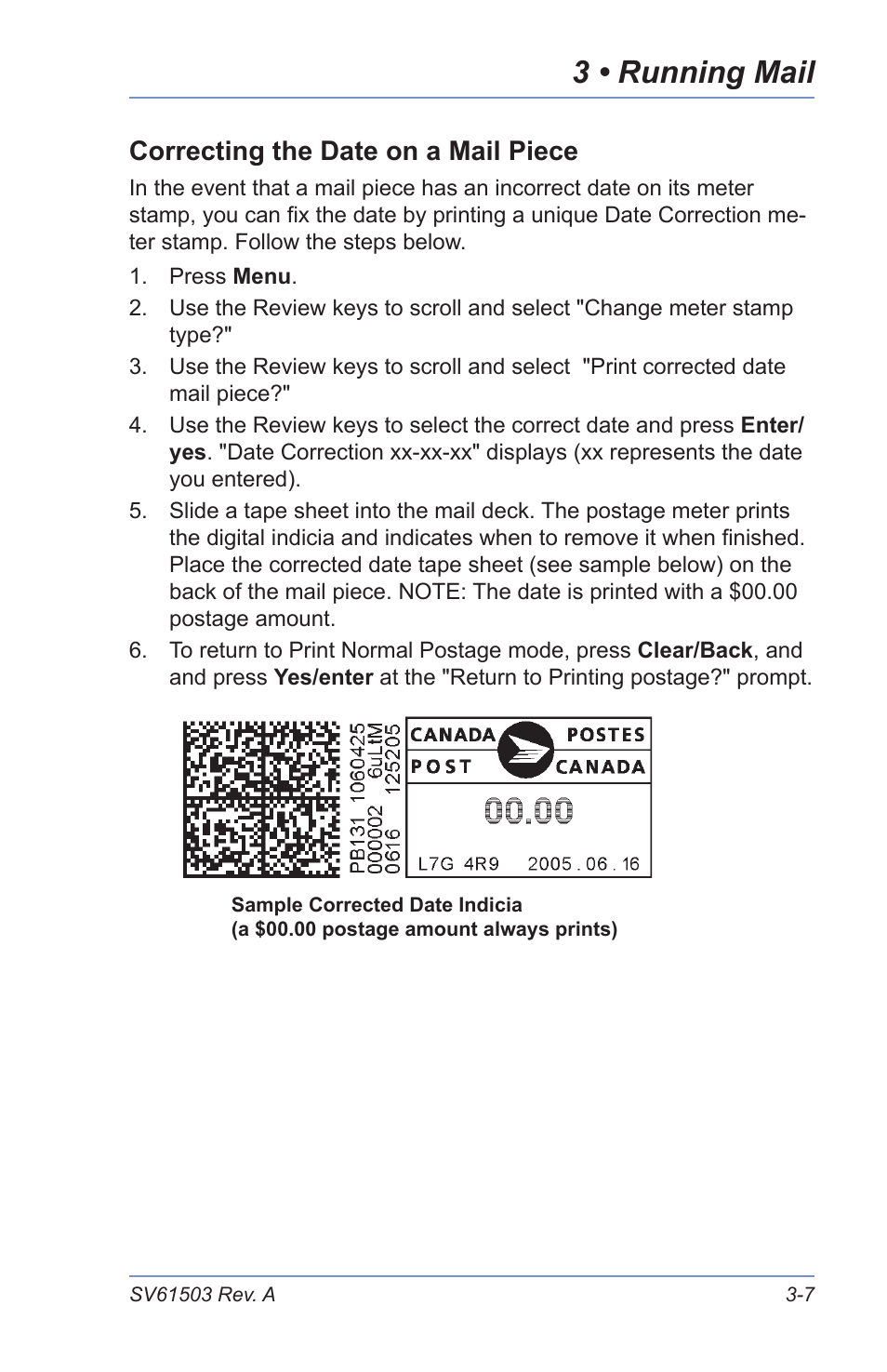 3 • running mail, Correcting the date on a mail piece | Pitney Bowes K700 User Manual | Page 31 / 88