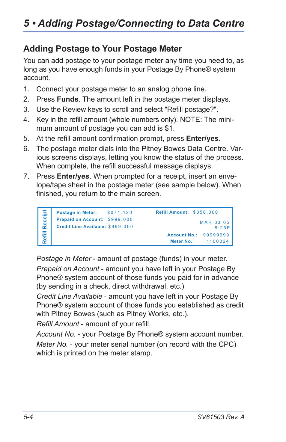 Adding postage to your postage meter, Connecting to the pitney bowes data centre, 5 • adding postage/connecting to data centre | Pitney Bowes K700 User Manual | Page 40 / 88