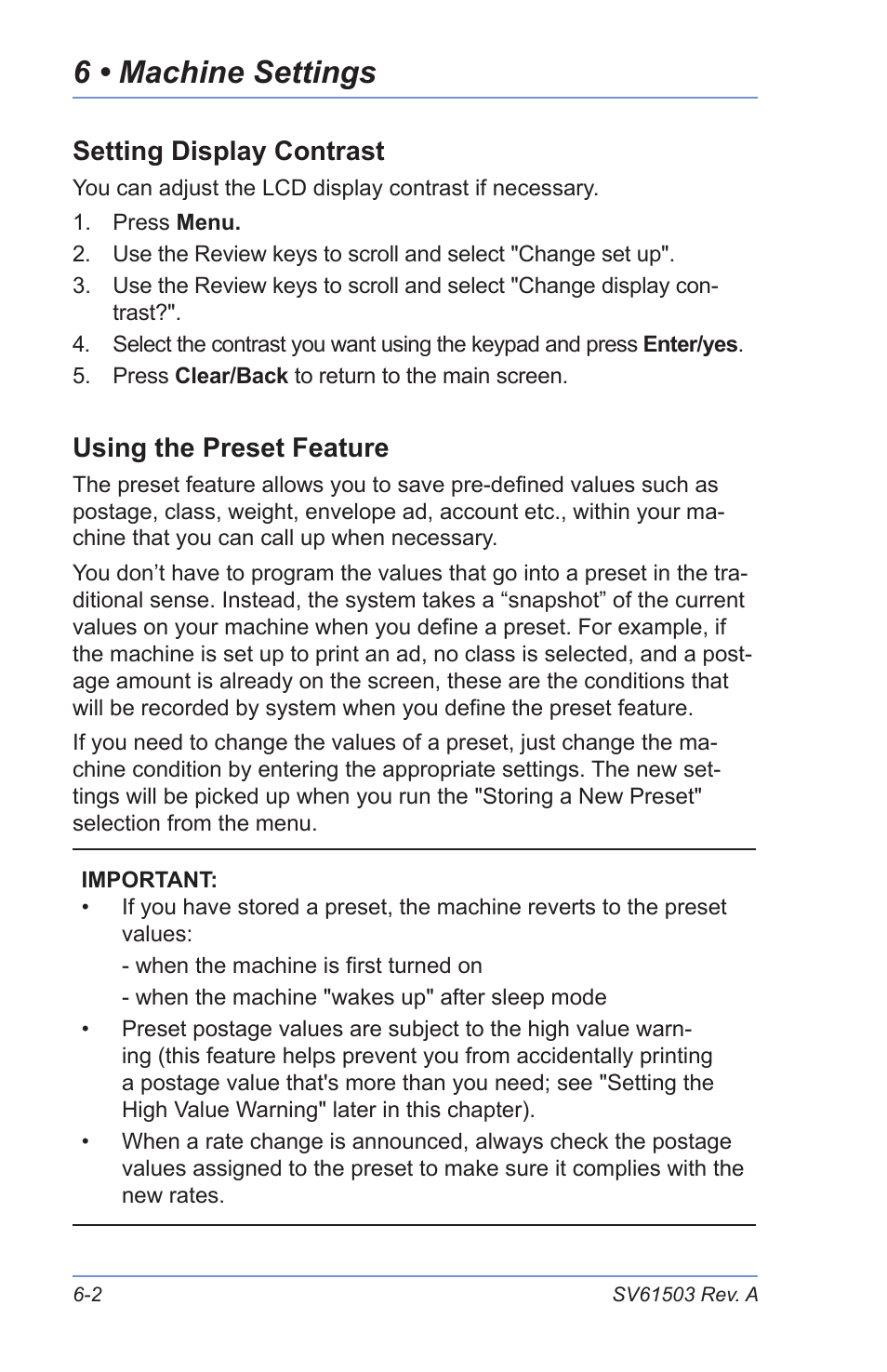 Setting display contrast, Using the preset feature, Turning the preset feature on or off | Storing a new preset, 6 • machine settings | Pitney Bowes K700 User Manual | Page 44 / 88