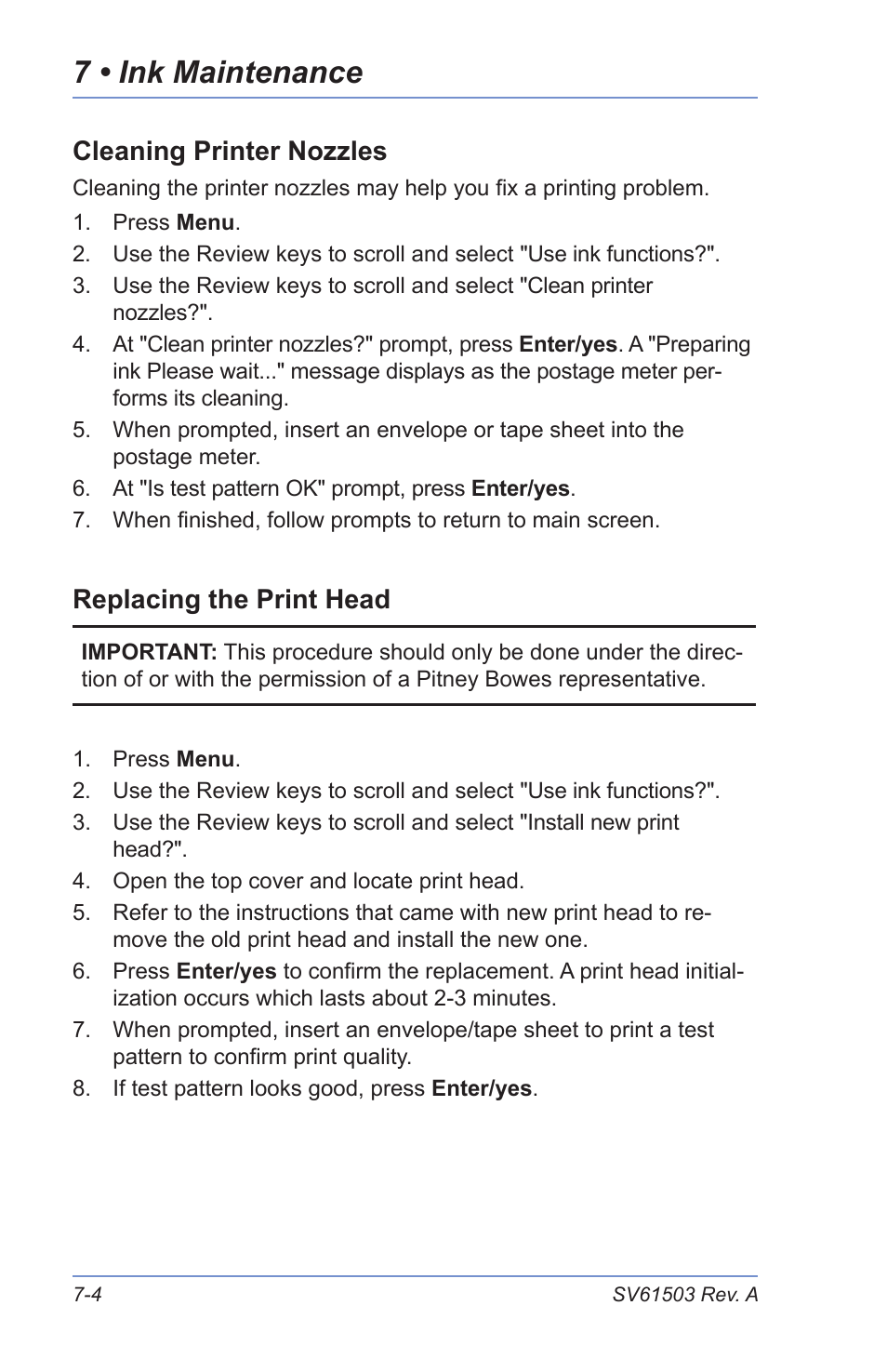 Cleaning printer nozzles, Replacing the print head, Replacing the ink tray | 7 • ink maintenance | Pitney Bowes K700 User Manual | Page 56 / 88