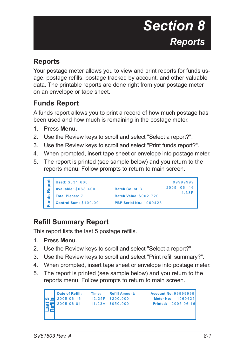 Reports, Funds report, Refill summary report | Pitney Bowes K700 User Manual | Page 59 / 88