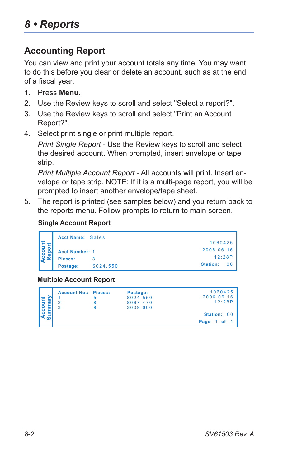 Accounting report, Software version report, View software versions (not printed) | 8 • reports | Pitney Bowes K700 User Manual | Page 60 / 88