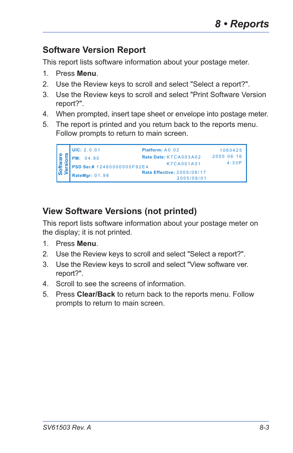 8 • reports, Software version report, View software versions (not printed) | Pitney Bowes K700 User Manual | Page 61 / 88