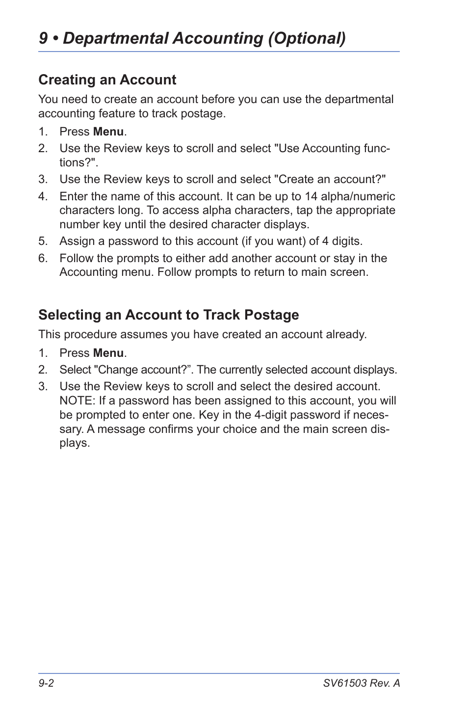 Creating an account, Selecting an account to track postage, Editing an existing account | Viewing account totals, 9 • departmental accounting (optional) | Pitney Bowes K700 User Manual | Page 64 / 88