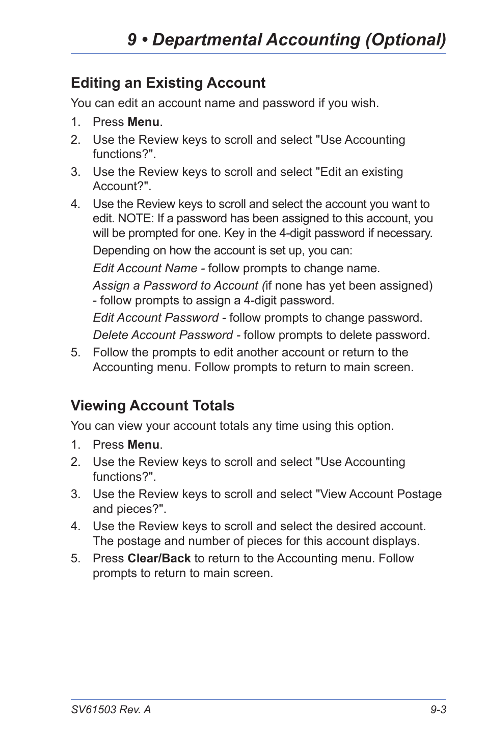 9 • departmental accounting (optional), Viewing account totals, Editing an existing account | Pitney Bowes K700 User Manual | Page 65 / 88