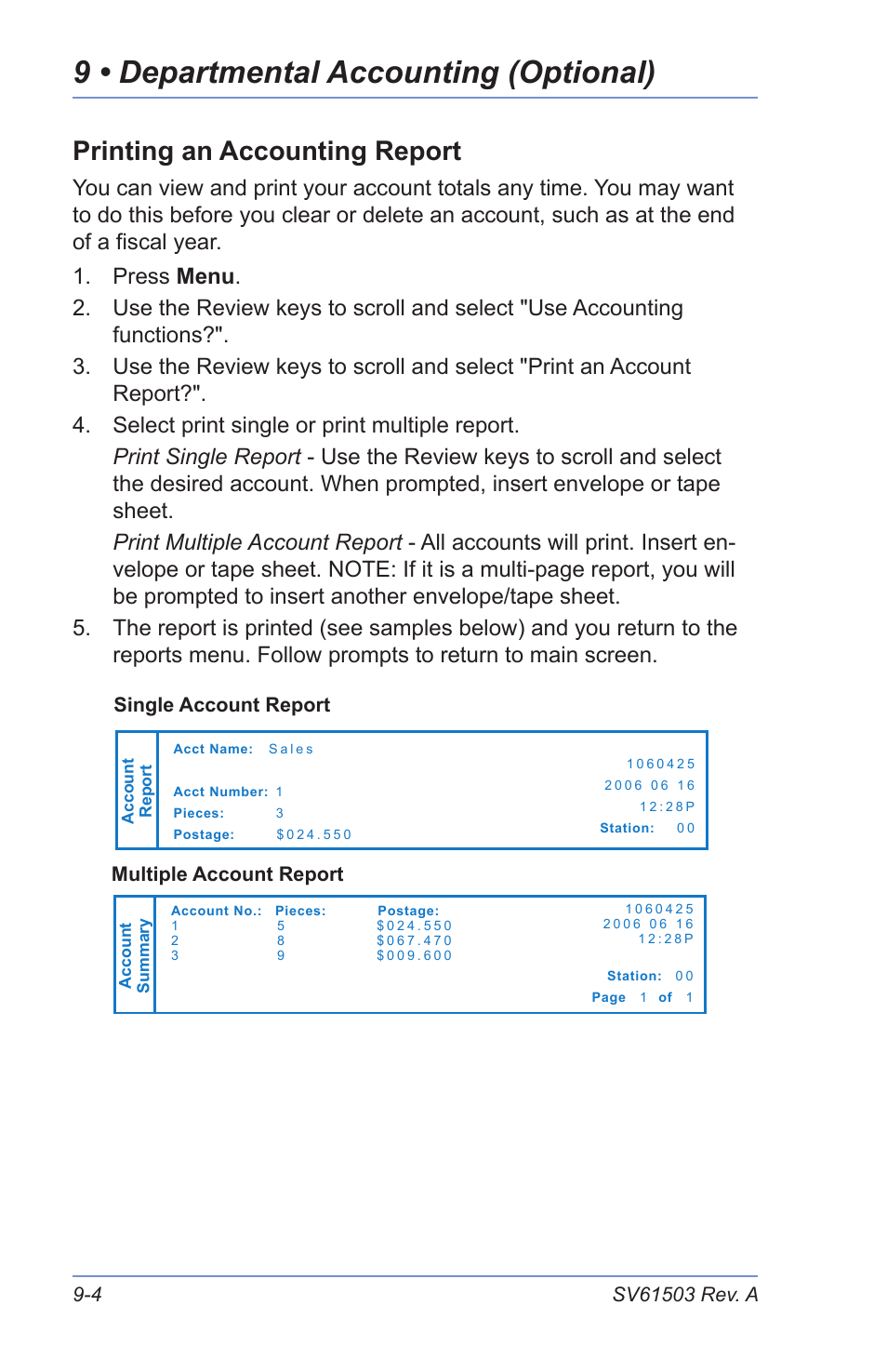 Printing an accounting report, Clearing all or some of the accounts, 9 • departmental accounting (optional) | Pitney Bowes K700 User Manual | Page 66 / 88