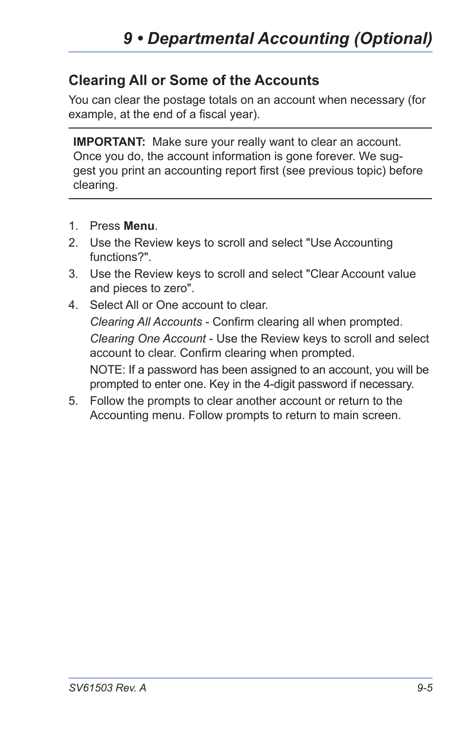 9 • departmental accounting (optional), Clearing all or some of the accounts | Pitney Bowes K700 User Manual | Page 67 / 88