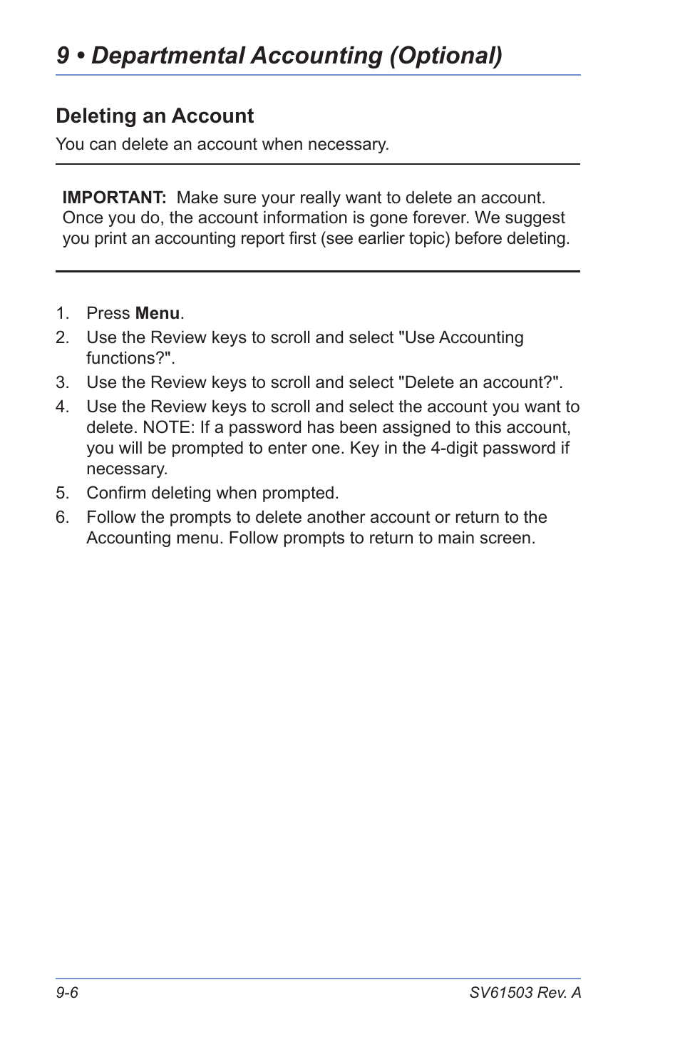 Deleting an account, Section 10 – troubleshooting, Getting help | Error messages, 9 • departmental accounting (optional) | Pitney Bowes K700 User Manual | Page 68 / 88