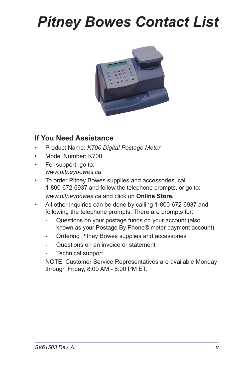 Pitney bowes contact list | Pitney Bowes K700 User Manual | Page 7 / 88