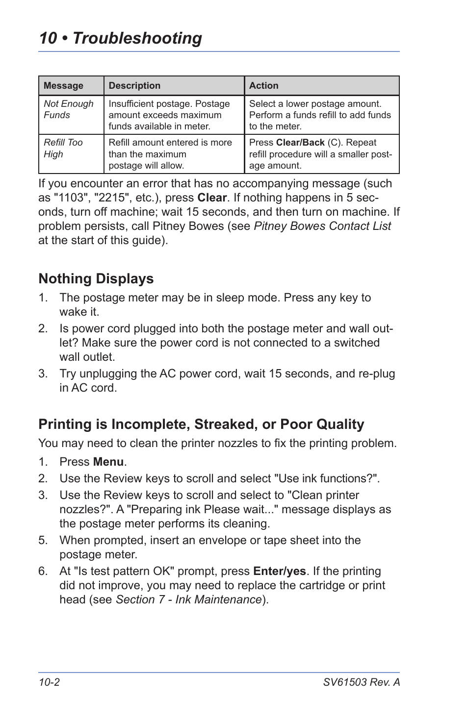 Nothing displays, Printing is incomplete, streaked, or poor quality, Display is difficult to read | Problems dialing out, 10 • troubleshooting | Pitney Bowes K700 User Manual | Page 70 / 88