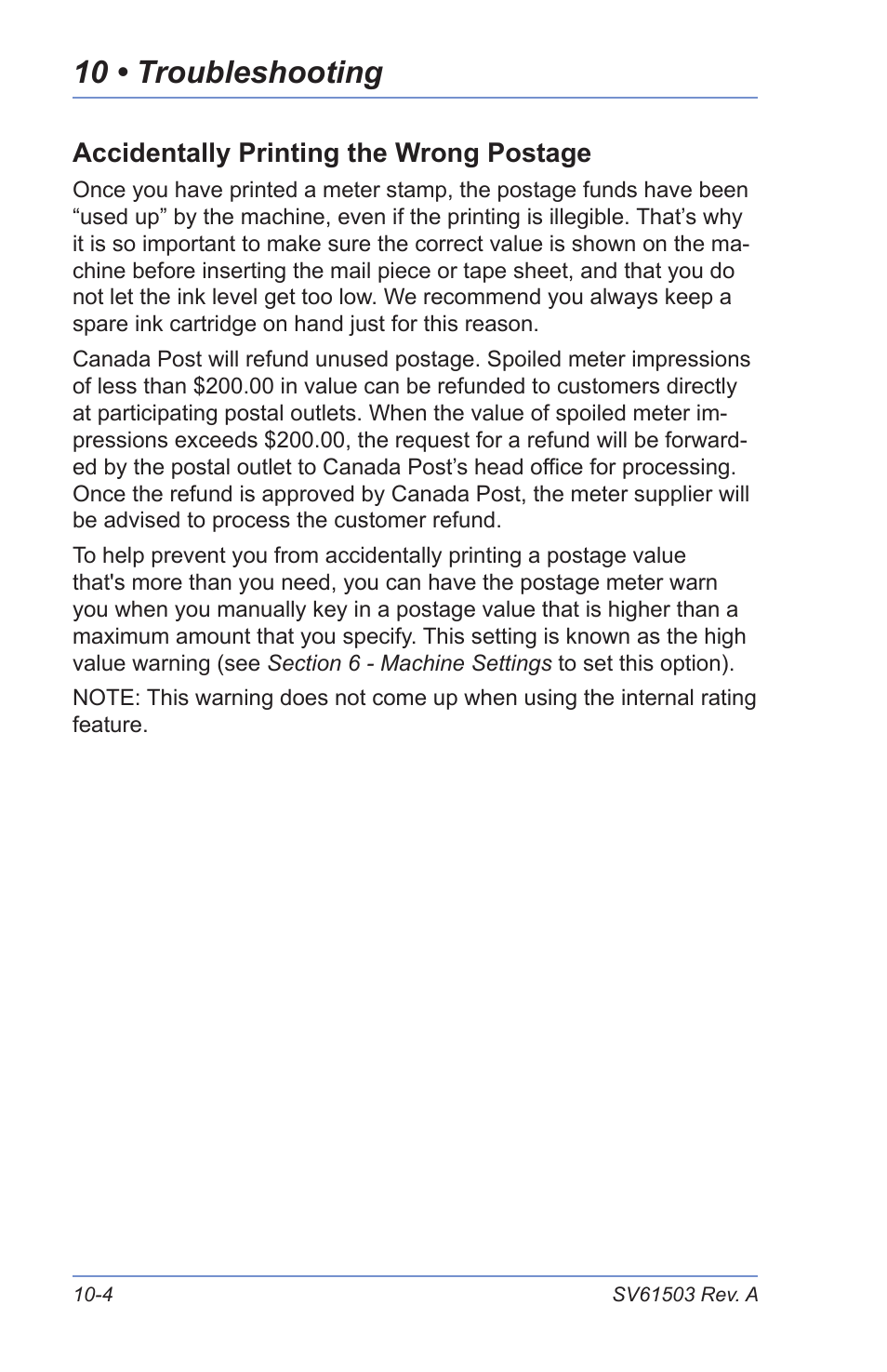 Accidentally printing the wrong postage, Section 11 – supplies and options, Supplies and accessories | Options, 10 • troubleshooting | Pitney Bowes K700 User Manual | Page 72 / 88