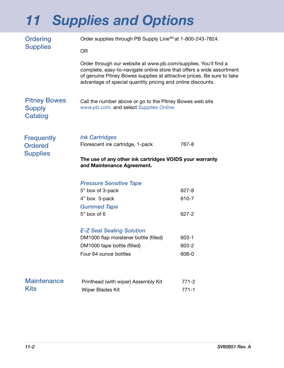 11 supplies and options | Pitney Bowes DM1000 User Manual | Page 155 / 177