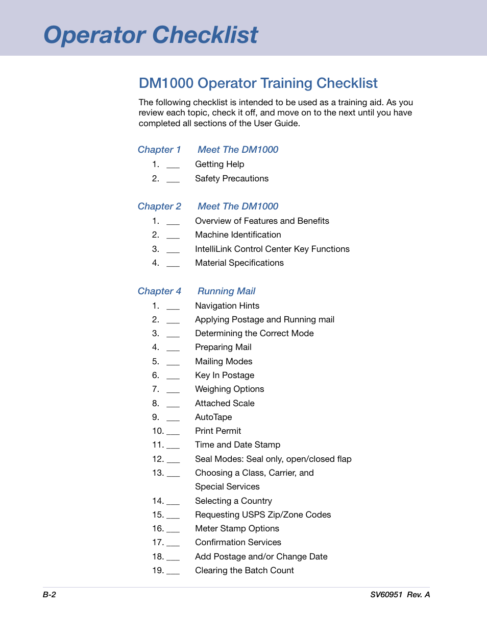 Operator checklist, Dm1000 operator training checklist | Pitney Bowes DM1000 User Manual | Page 165 / 177