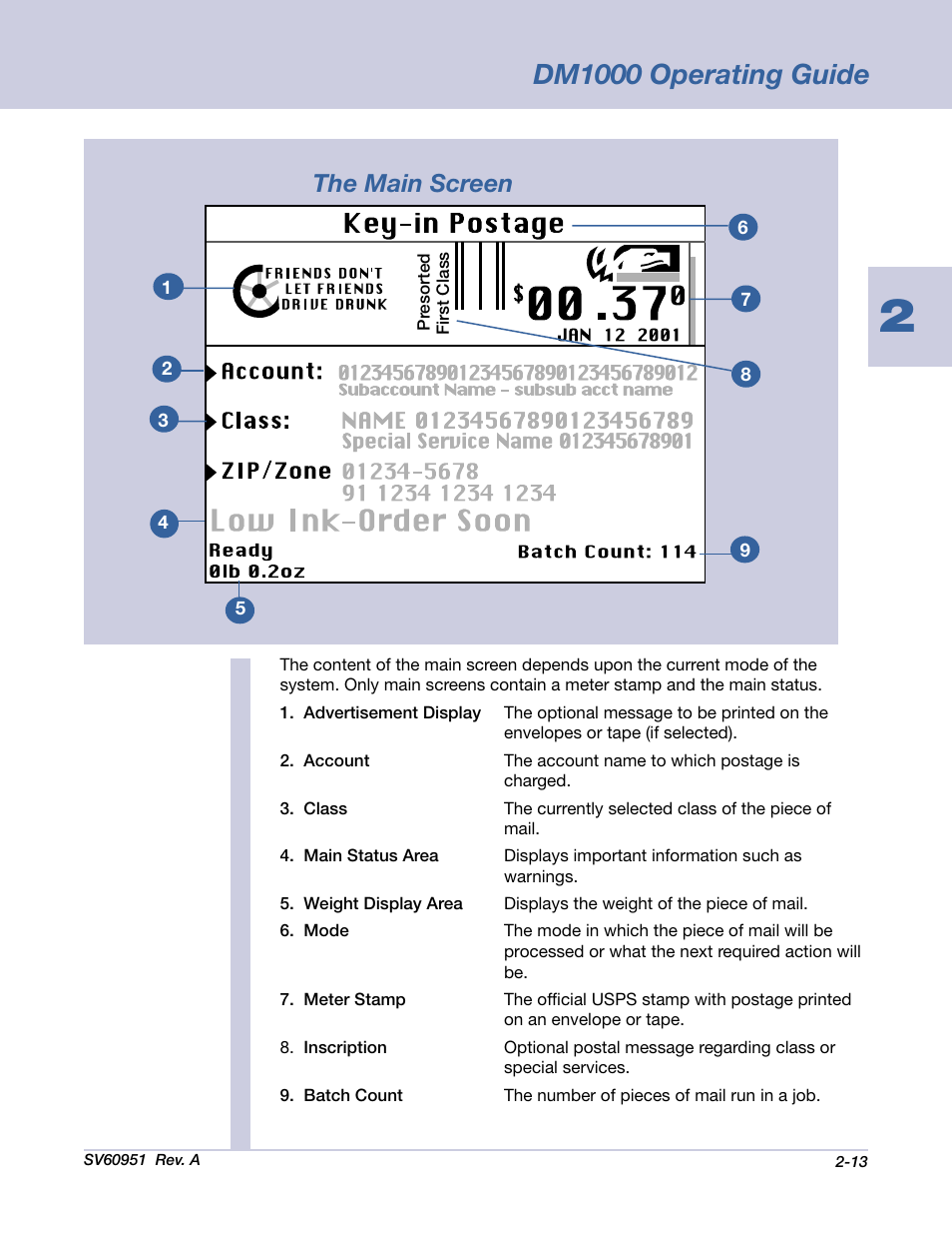 Dm1000 operating guide, The main screen | Pitney Bowes DM1000 User Manual | Page 24 / 177