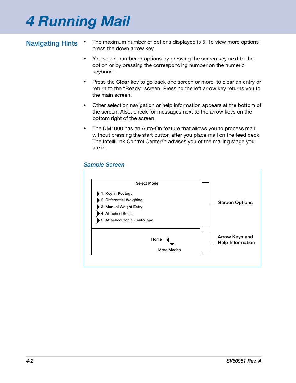 4 running mail, Navigating hints | Pitney Bowes DM1000 User Manual | Page 35 / 177