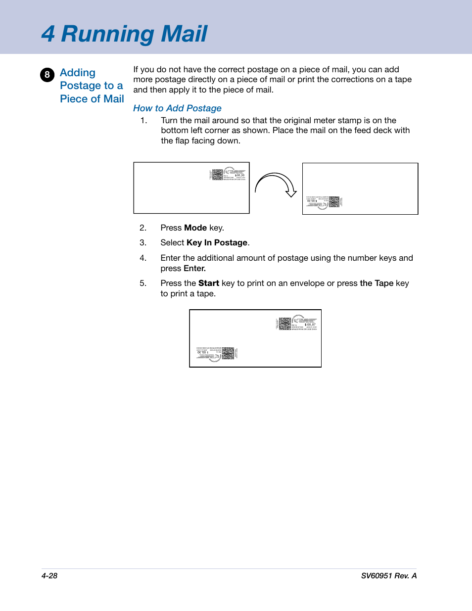 4 running mail, Adding postage to a piece of mail | Pitney Bowes DM1000 User Manual | Page 61 / 177