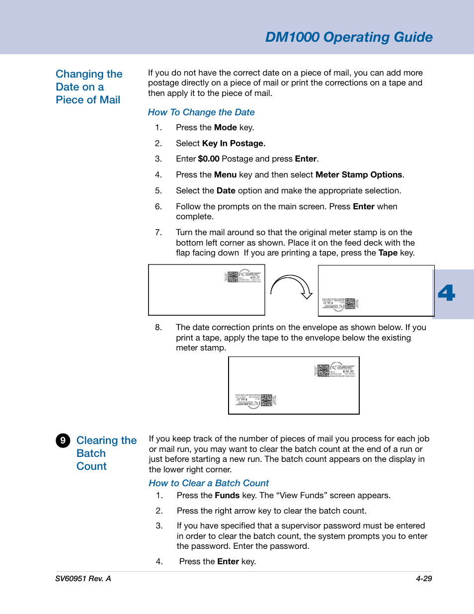 Dm1000 operating guide, Changing the date on a piece of mail, Clearing the batch count | Pitney Bowes DM1000 User Manual | Page 62 / 177