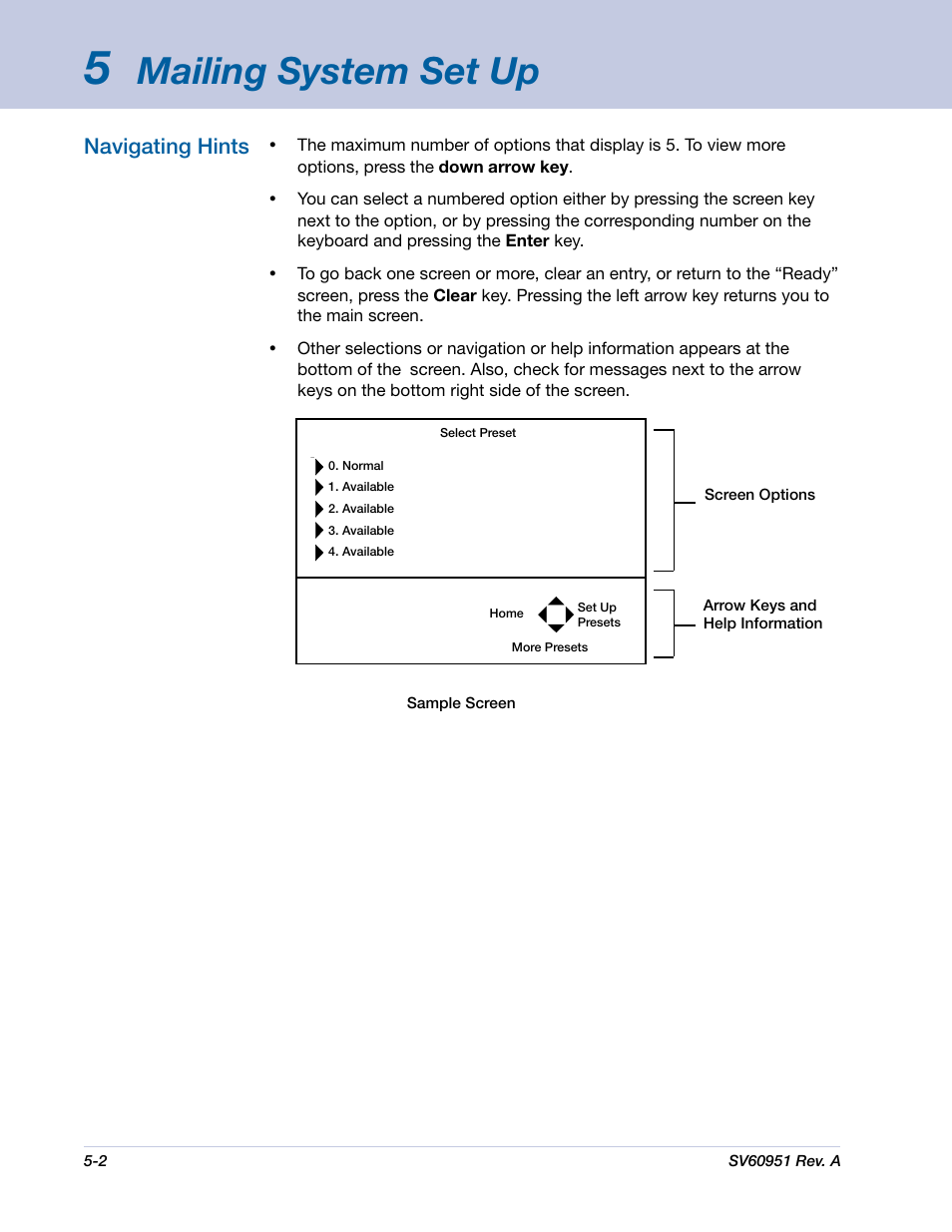 Mailing system set up, Navigating hints | Pitney Bowes DM1000 User Manual | Page 65 / 177