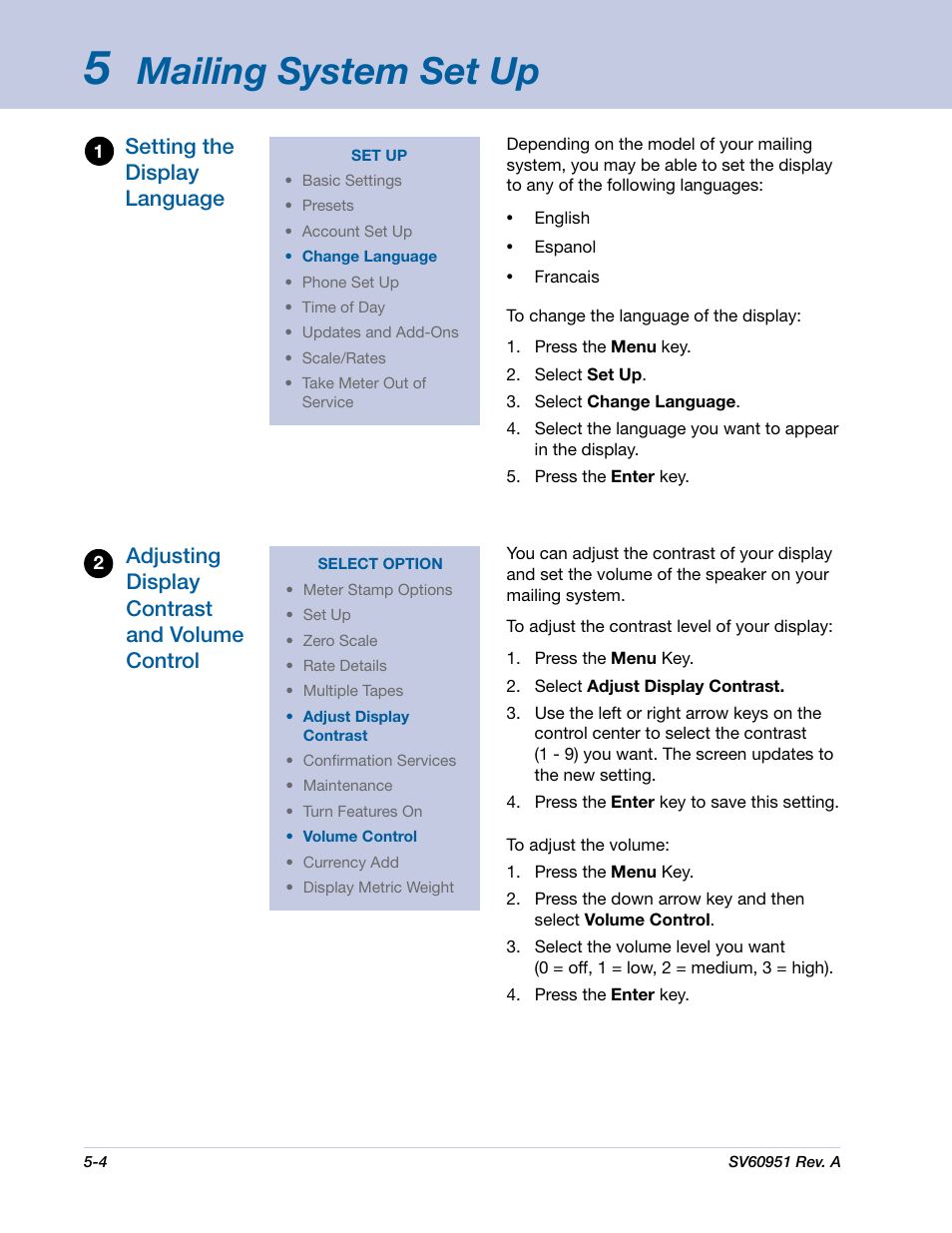 Mailing system set up, Adjusting display contrast and volume control, Setting the display language | Pitney Bowes DM1000 User Manual | Page 67 / 177
