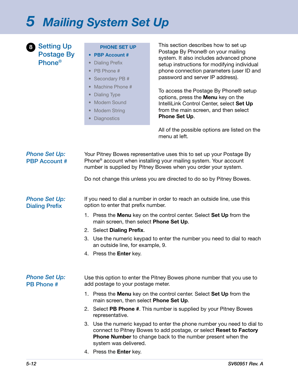 Mailing system set up, Setting up postage by phone | Pitney Bowes DM1000 User Manual | Page 75 / 177