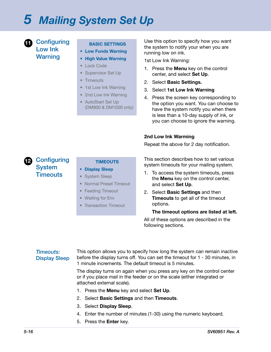 Mailing system set up, Configuring system timeouts, Configuring low ink warning | Pitney Bowes DM1000 User Manual | Page 79 / 177