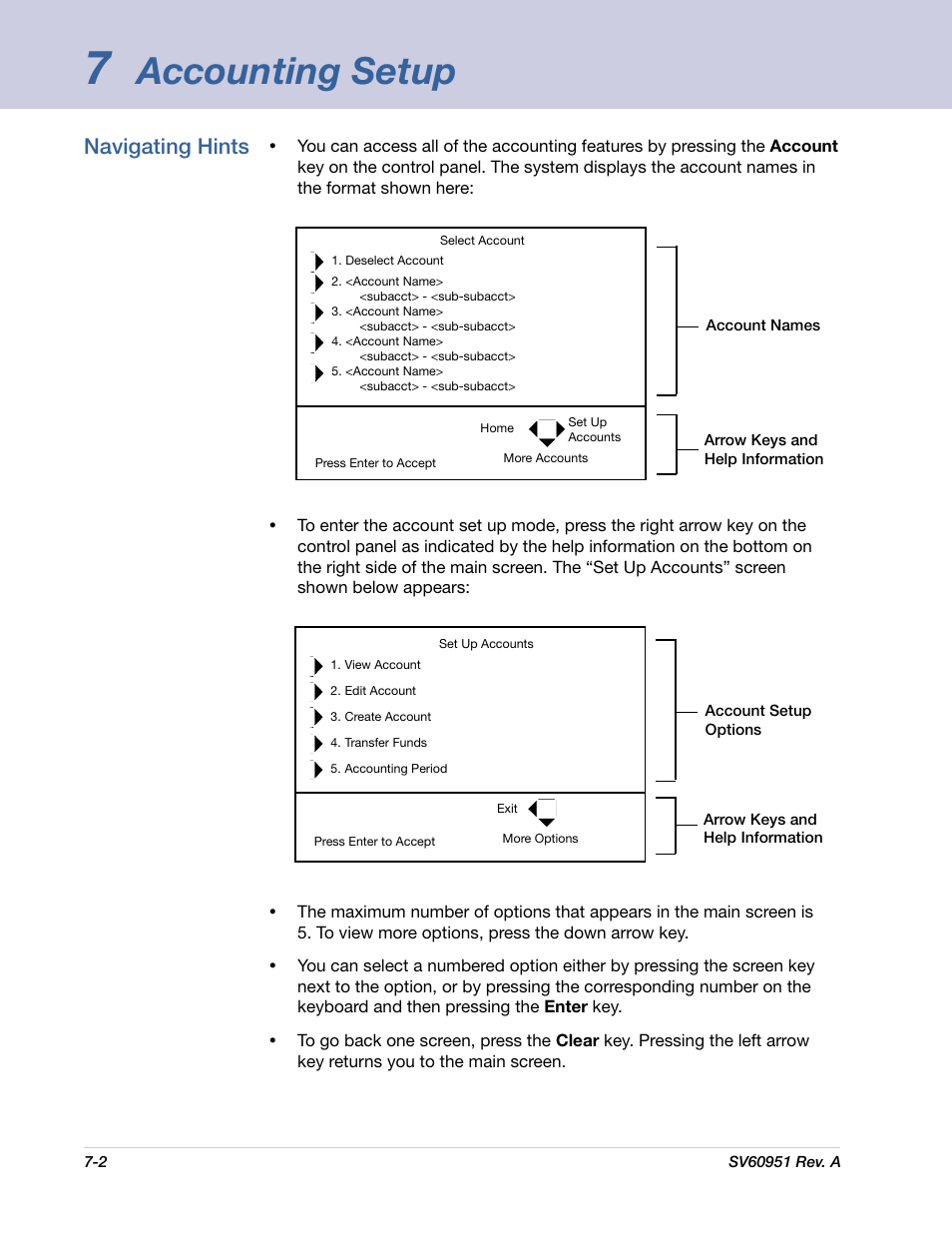 Accounting setup, Navigating hints | Pitney Bowes DM1000 User Manual | Page 97 / 177