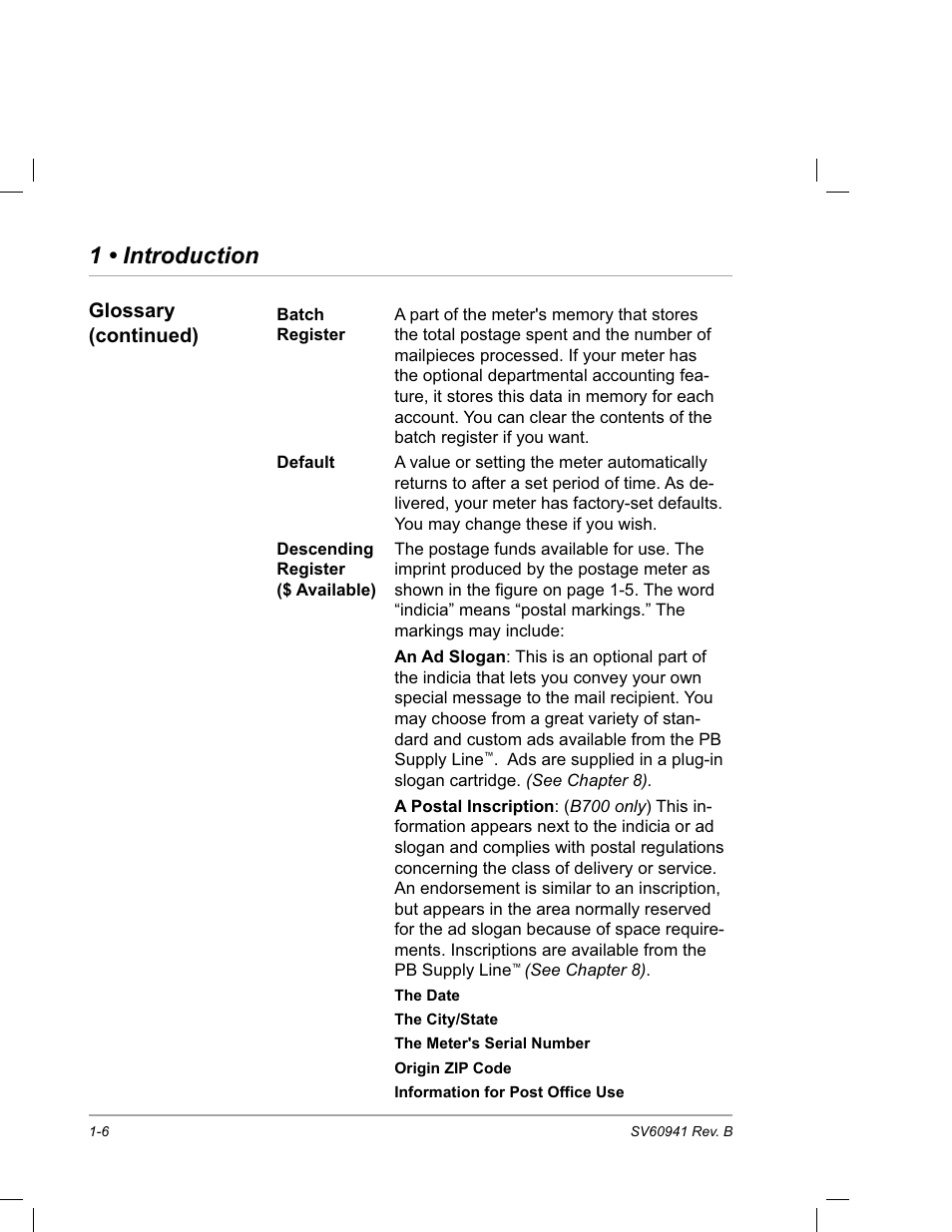 1 • introduction, Glossary (continued) | Pitney Bowes PostPerfect B700 User Manual | Page 13 / 96