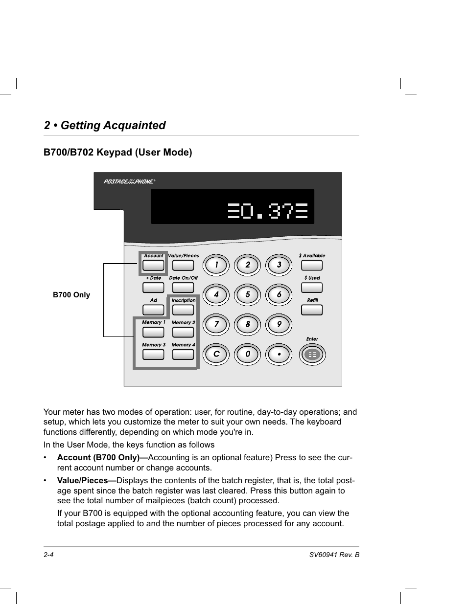 B700/b702 keypad (user mode), 2 • getting acquainted | Pitney Bowes PostPerfect B700 User Manual | Page 19 / 96