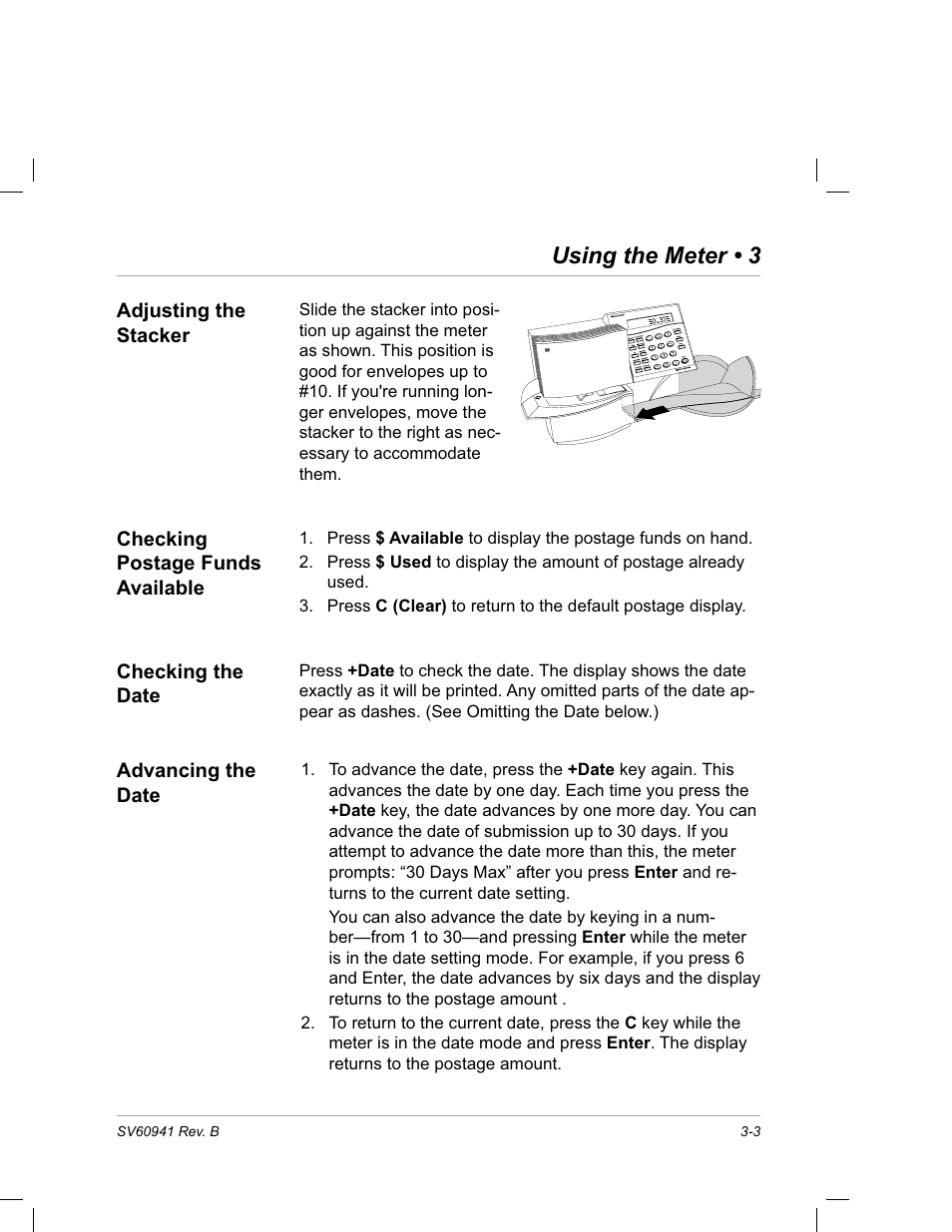 Adjusting the stacker, Checking postage funds available, Checking the date | Advancing the date, Using the meter • 3 | Pitney Bowes PostPerfect B700 User Manual | Page 26 / 96