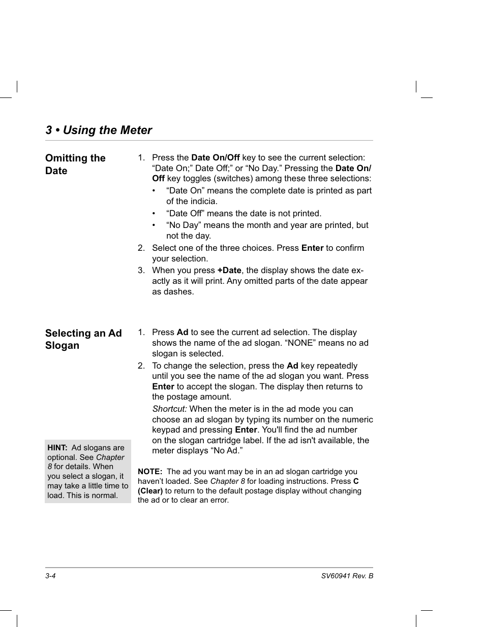 Omitting the date, Selecting an ad slogan, 3 • using the meter | Pitney Bowes PostPerfect B700 User Manual | Page 27 / 96