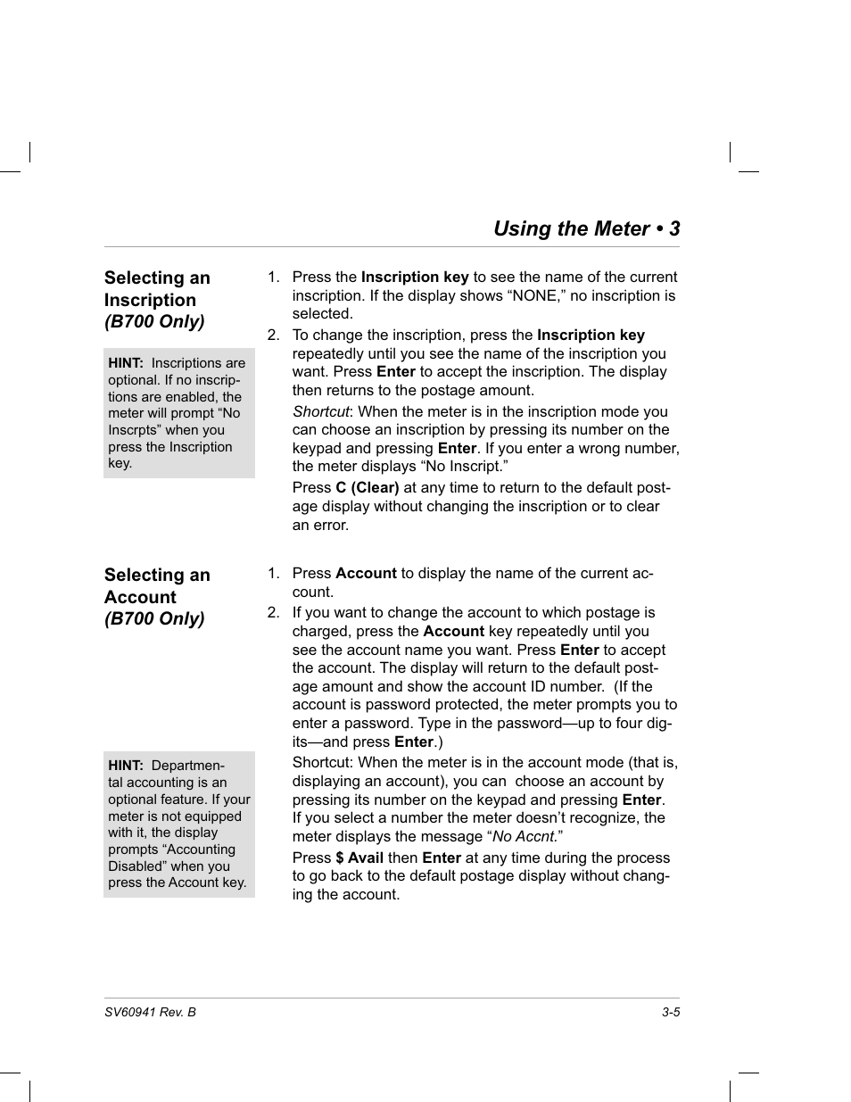 Selecting an inscription (b700 only), Selecting an account (b700 only), Using the meter • 3 | Pitney Bowes PostPerfect B700 User Manual | Page 28 / 96